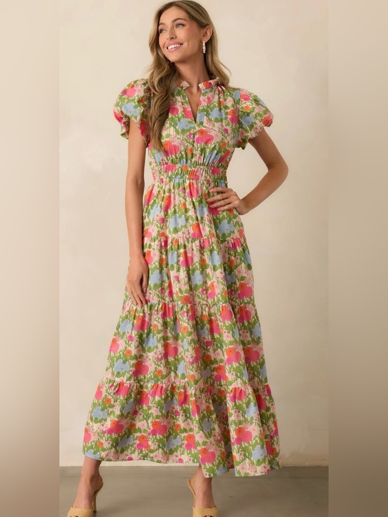 entro Dresses & Skirts - entro Floral Puff-Sleeve Tiered Maxi Dress in Pink, Green & Blue